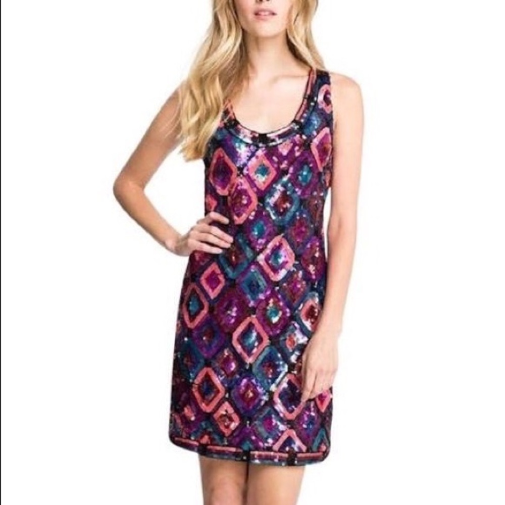 Trina Turk Multicolor Vibrant Sequin, sleeveless, mini shift dress.